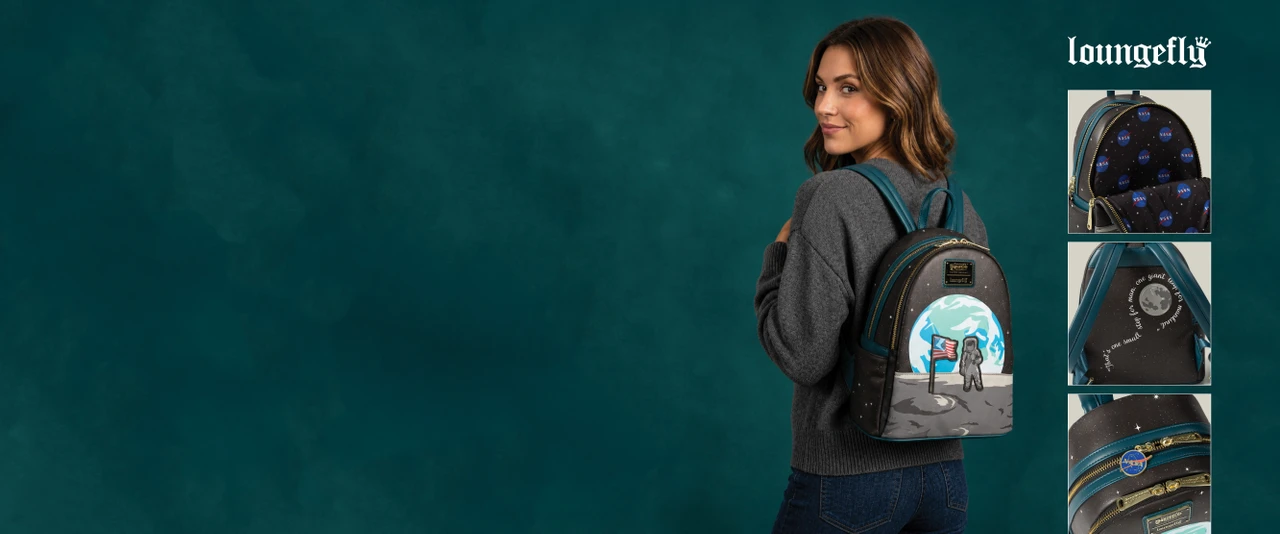Woman in grey sweater with Loungefly Apollo 11 backpack featuring astronaut on the moon with view of the earth in background, loungefly logo, and other views of backpack all on a teal background,