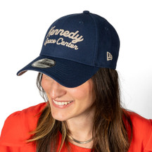 Woman Wearing Kennedy Space Center Chain Stitch Hat Oceanside Blue Left Side Woman Wearing Kennedy Space Center Chain Stitch Hat Oceanside Blue Left Side