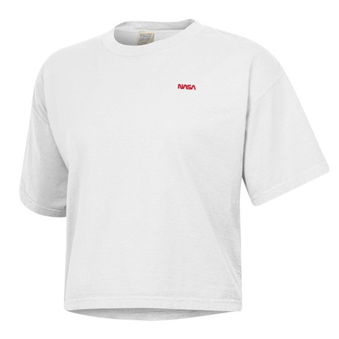 Women's NASA Worm Embroidered Boxy Crop Tee White