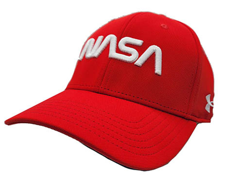 under armour red fitted hat with nasa worm logo