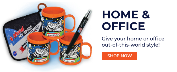 three orange spaceship mugs, a pen, and space mouse pad
