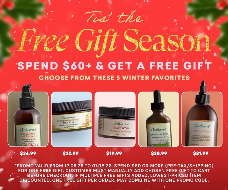 Promotional graphic for a holiday offer: Spend $60+ to receive a free gift from five winter favorites. Valid 12.05.25 to 01.08.26.