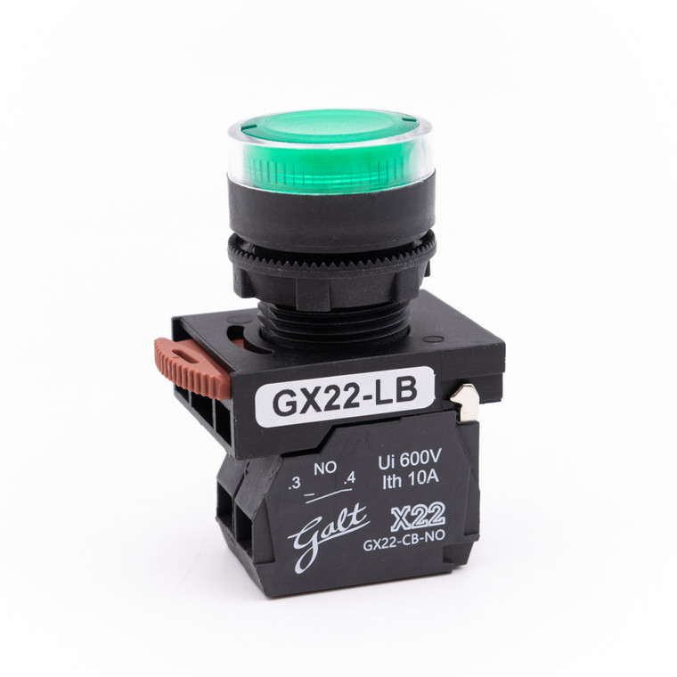 Galt Electric, X22 Series, Lighted Push Button, 22MM, UL, LED, 24V AC/DC, Green, 1 NO Contact, GX22-LB-GA (GX22-LB-GA)