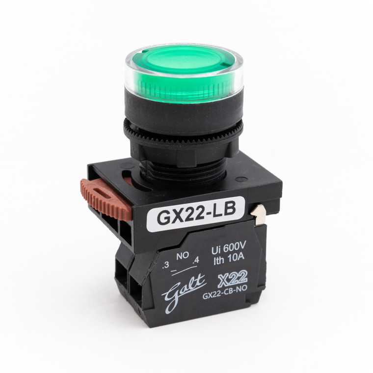 Galt Electric, X22 Series, Lighted Push Button, 22MM, UL, LED, 100-120V AC/DC, Green, 1 NO Contact, GX22-LB-GE (GX22-LB-GE)