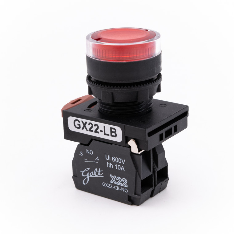 Galt Electric, X22 Series, Lighted Push Button, 22MM, UL, LED, 100-120V AC/DC, Red, 1 NO Contact , GX22-LB-RE (GX22-LB-RE)