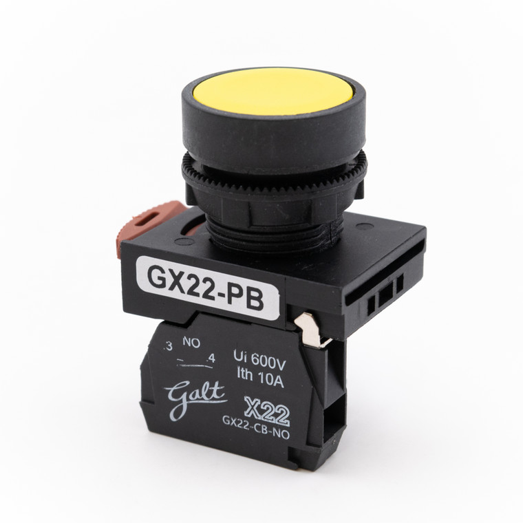Galt Electric, X22 Series, Push Button, Flush Head 22MM, UL, Yellow, 1 NO Contact, GX22-PB-FY (GX22-PB-FY)