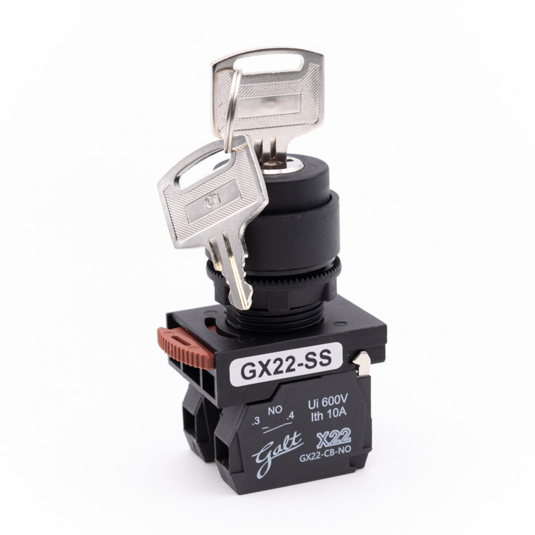 Galt Electric, X22 Series, Selector Switch, 22MM, UL, 3 Position Keyed, Key Release All Positions, 2 N/O Contacts (GX22-SS-K320BK3)
