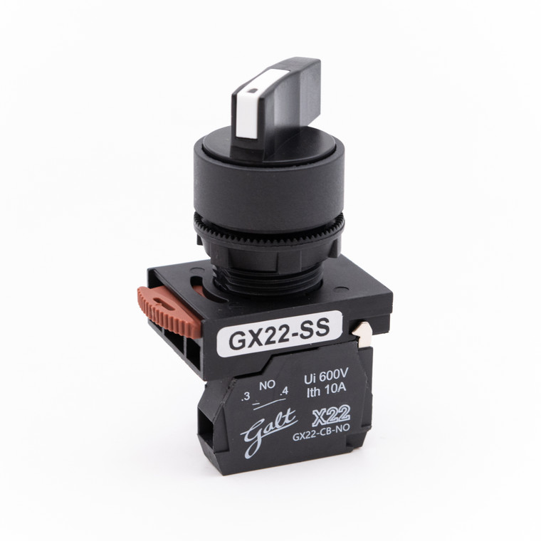 Galt Electric, X22 Series, Selector Switch, 22MM, UL, 2 Position Long Shaft,  Spring Return from Right, 1 N/O Contact (GX22-SS-L110BK)
