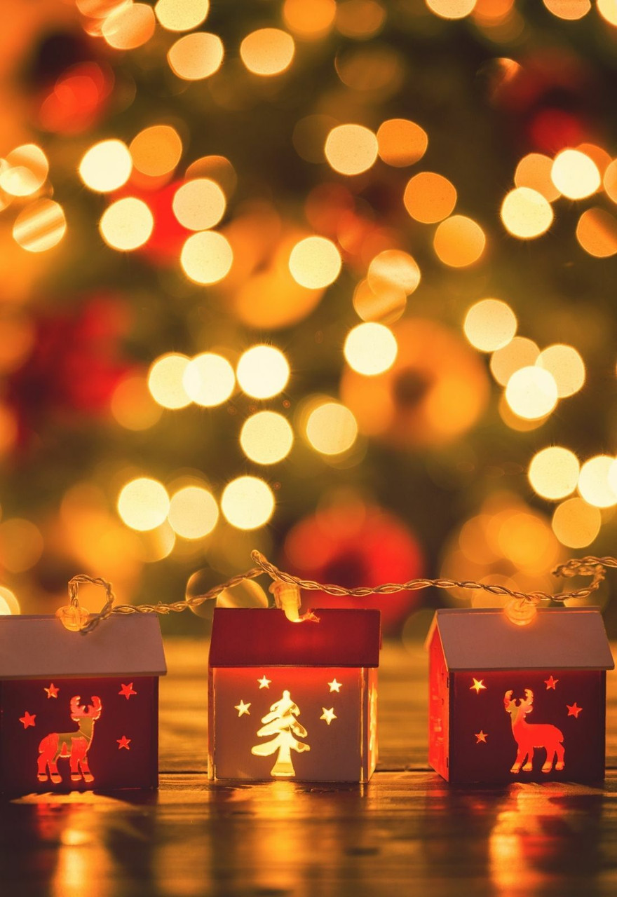 Stylized photo of novelty string lights that look like little houses