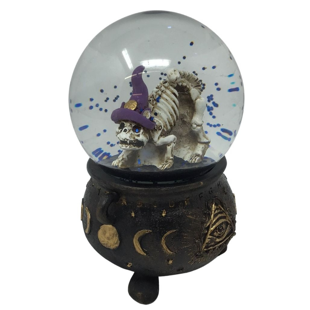 Cauldron With Cat Skeleton Snow Globe