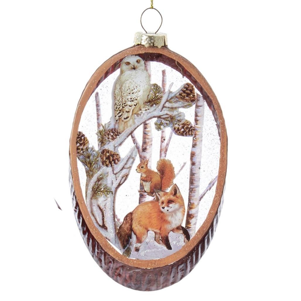 Glass Woodland Fox & Owl Scene Ornament
