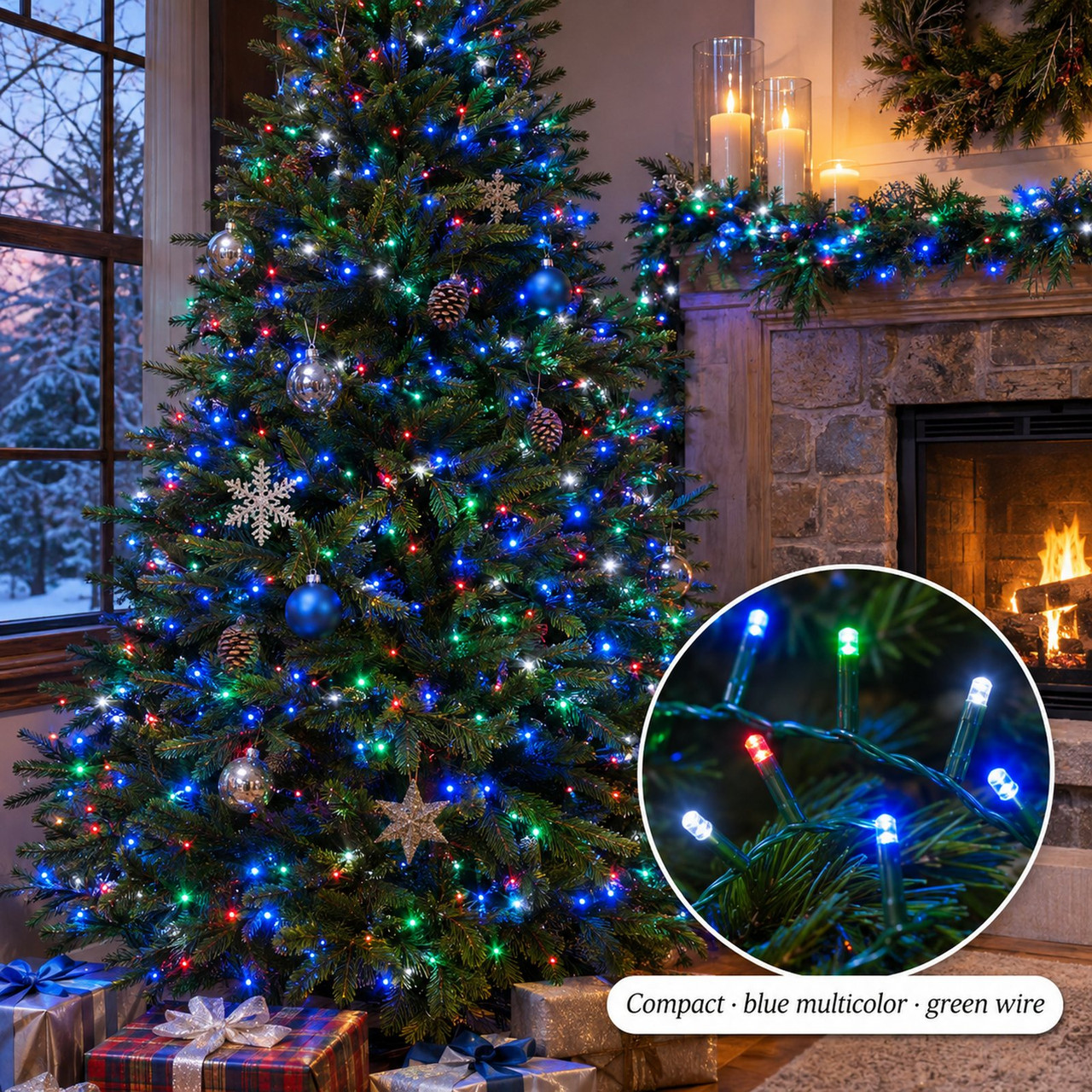 1000 LED Compact Blue Multi Color Lights On Green Wire