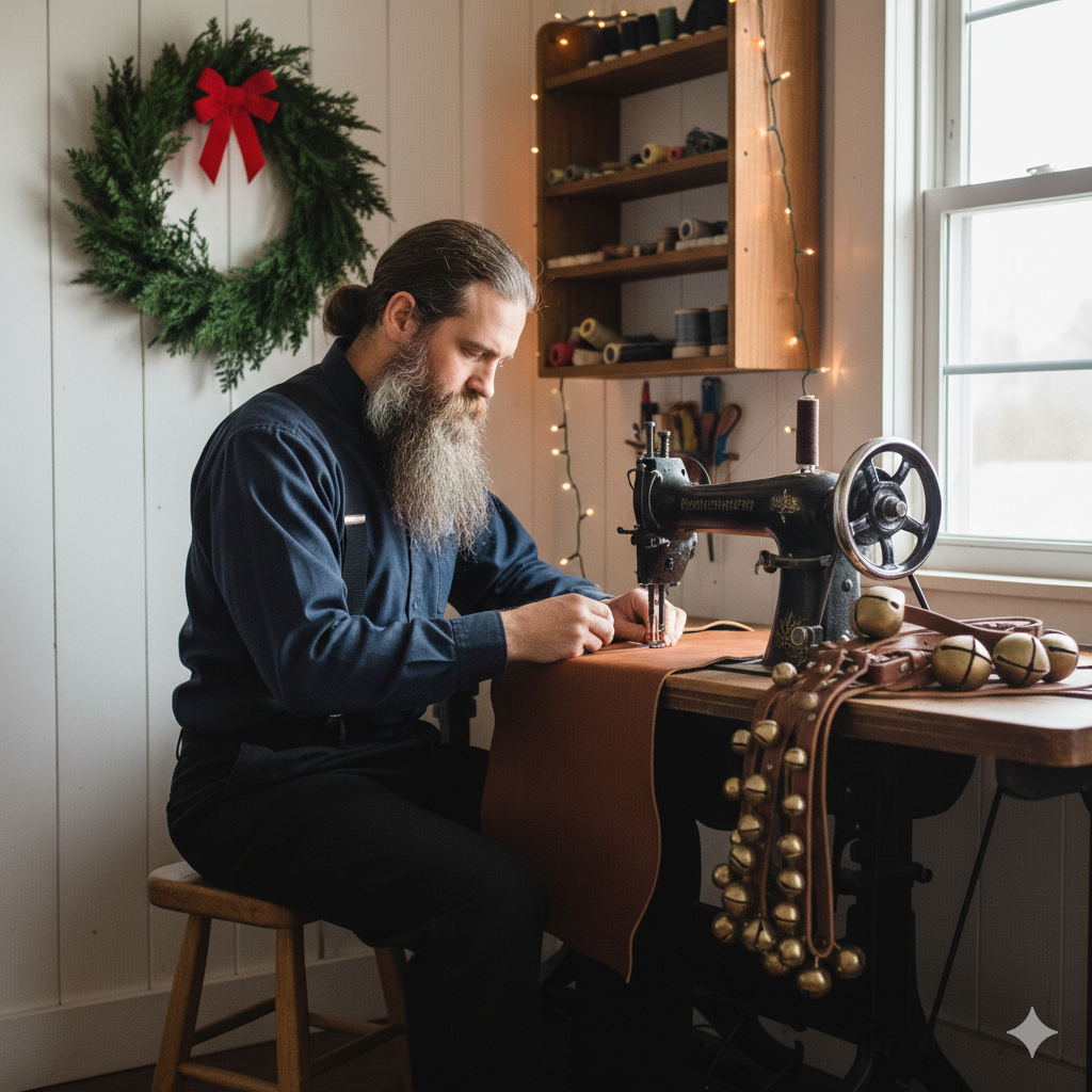 Belsnickel Green Leather Door Bell Hanger | 5 Brass Plated Sleigh Bells