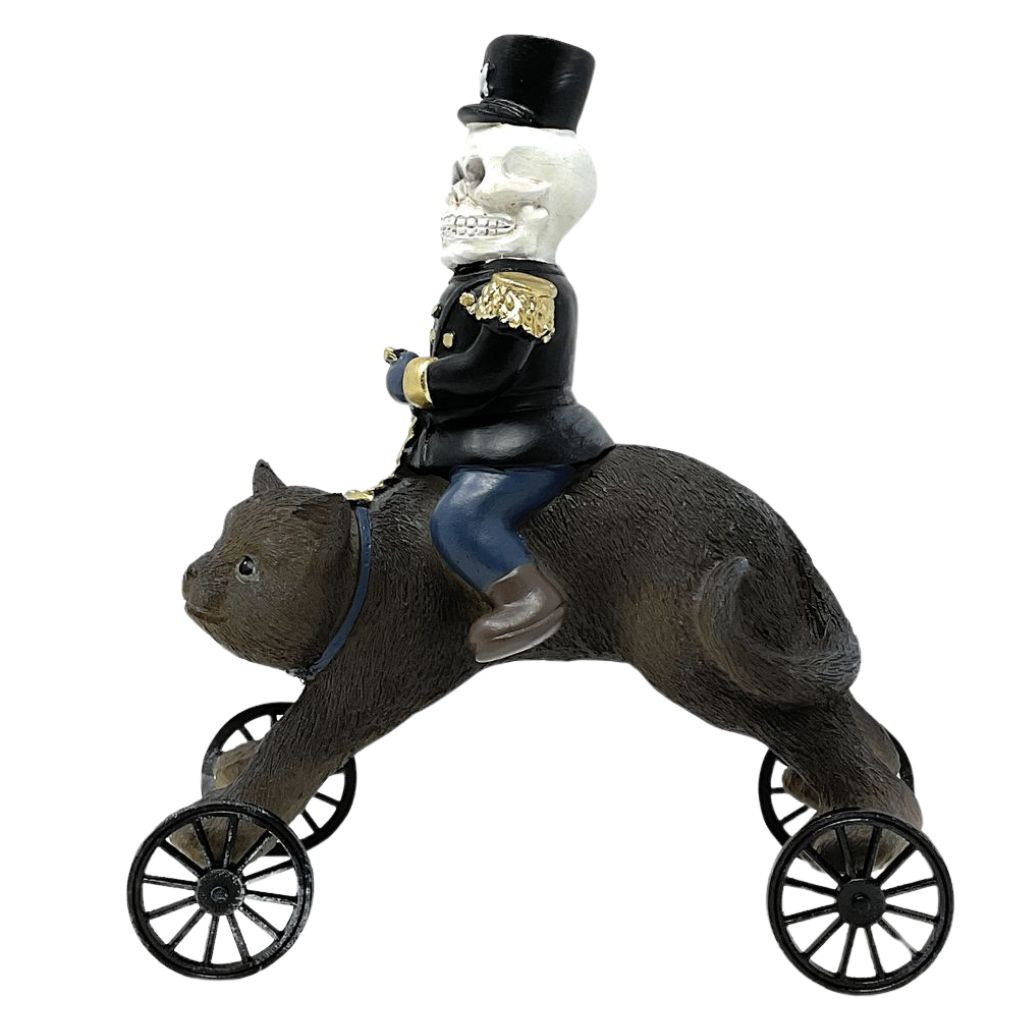 Halloween Cat on Wheels with Skeleton Rider