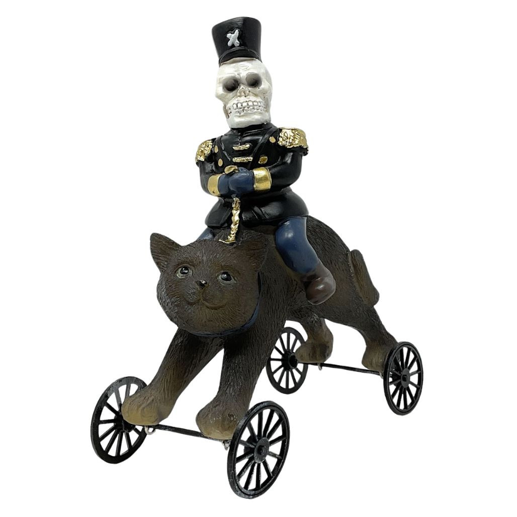 Halloween Cat on Wheels with Skeleton Rider