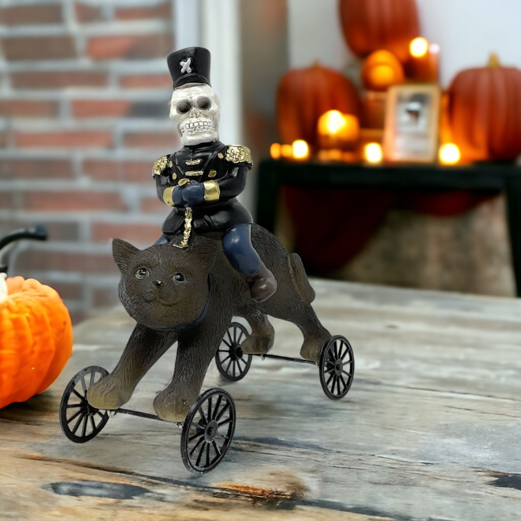 Halloween Cat on Wheels with Skeleton Rider