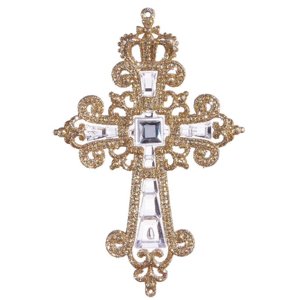 Jeweled Glittering Gold Cross Ornament With Square Gem