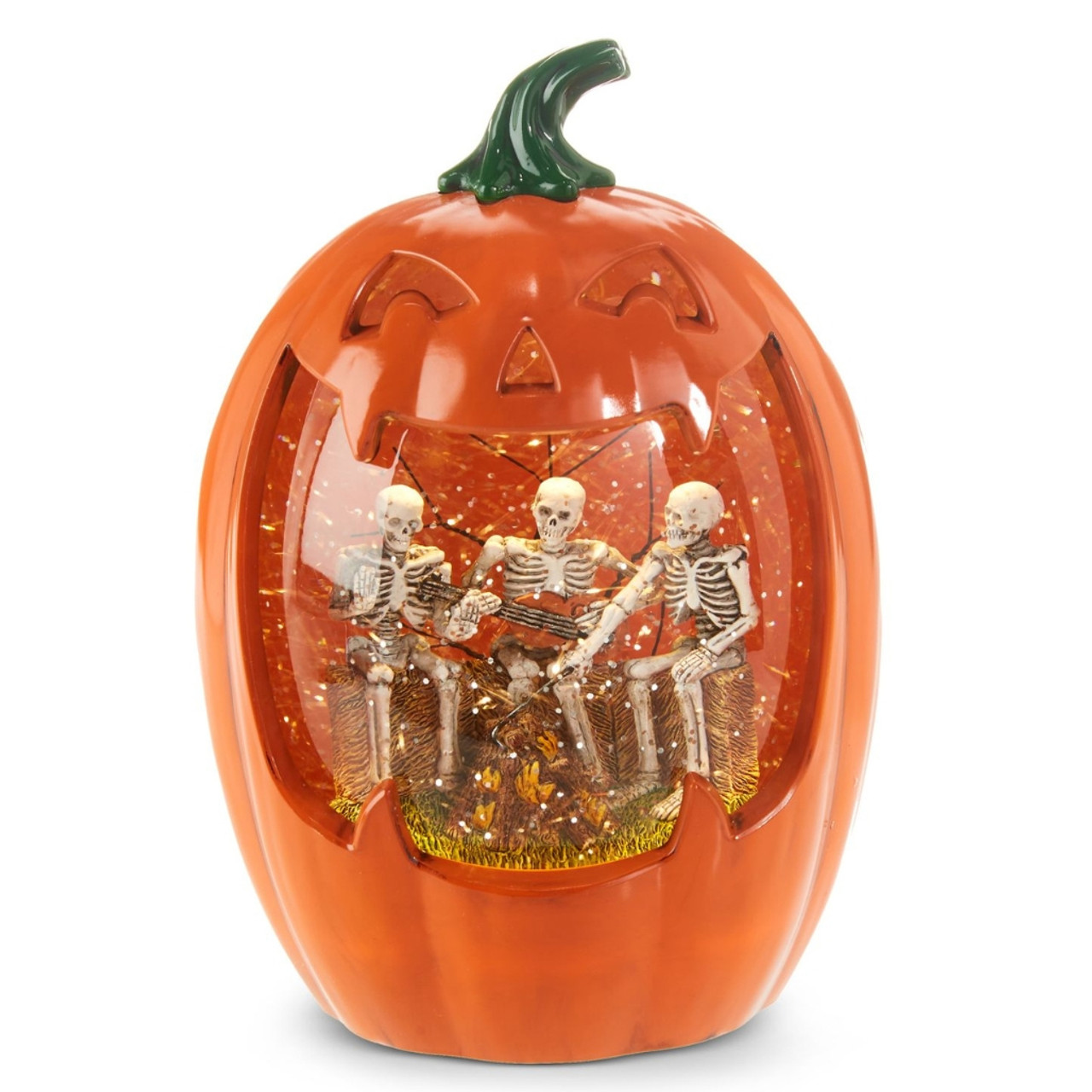 Lighted Carved Pumpkin Water Lantern Shimmer with Skeleton Band Campfire Figurines