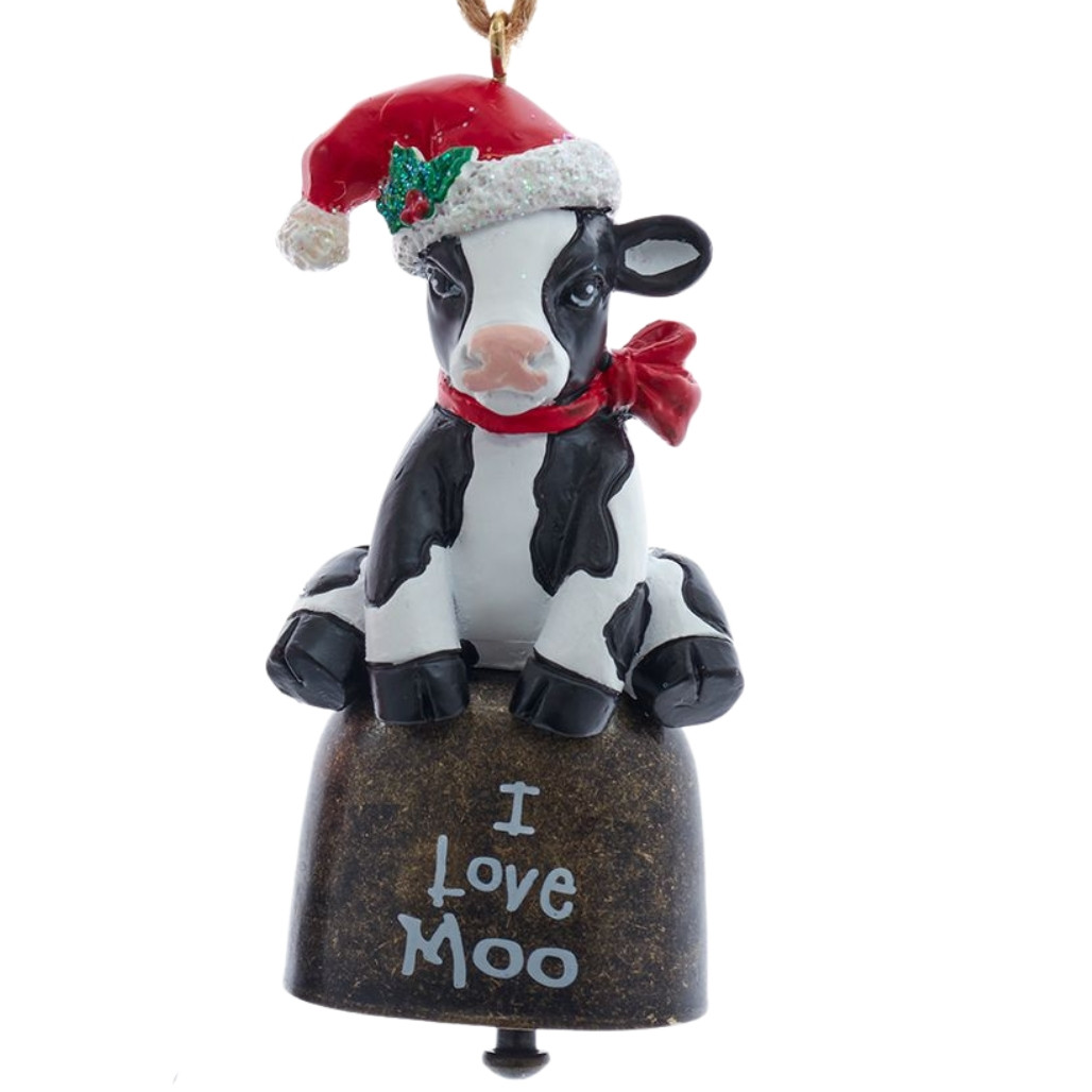 3-inch Calf Sitting On A Bell Ornament with The Sentiment "I Love Moo"