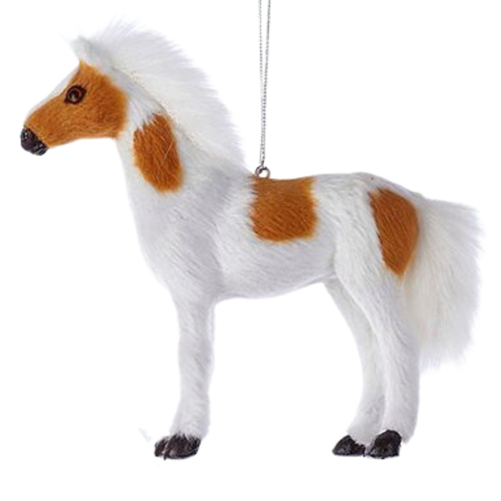 White Plush Horse with Tan Spots Ornament
