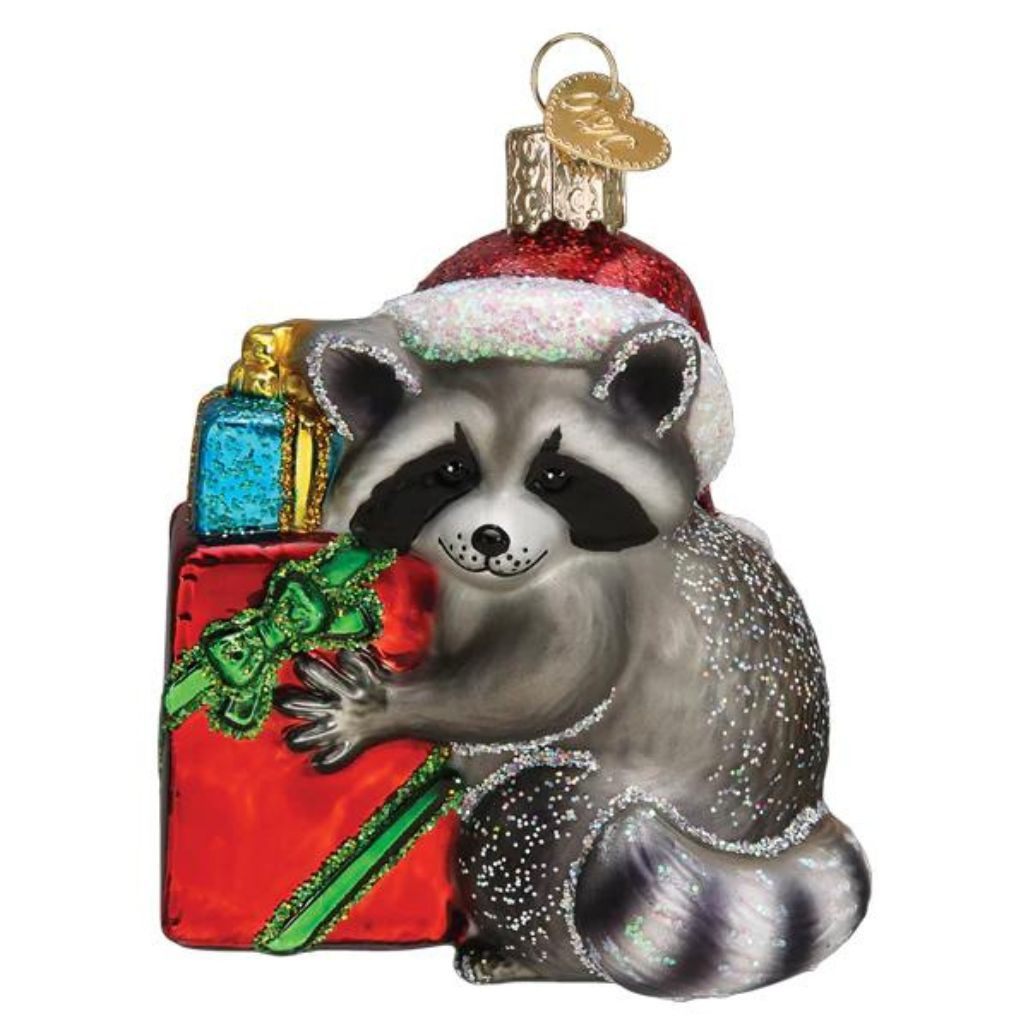 Christmas Racoon With Presents Bandit Blown Glass Ornament