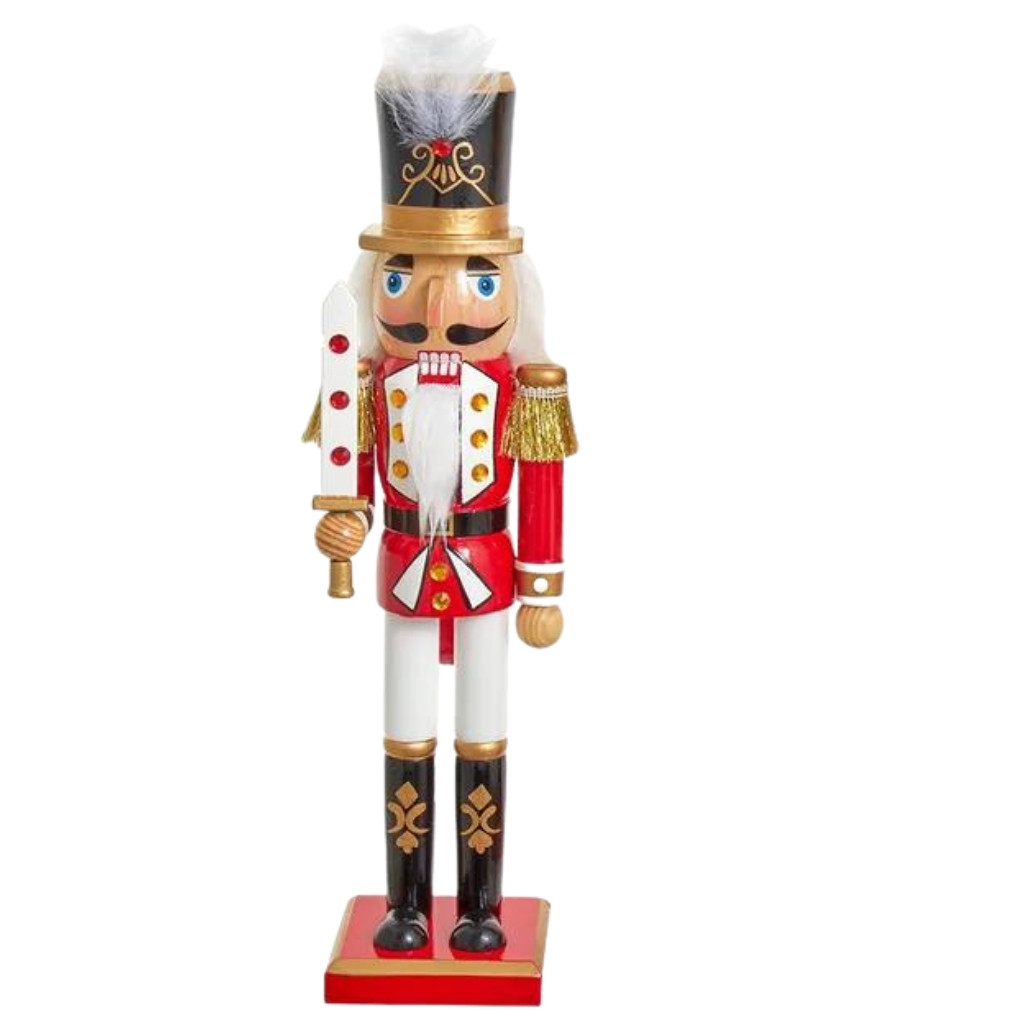 Traditional Wooden Nutcracker Red And White Sworded Solider 
