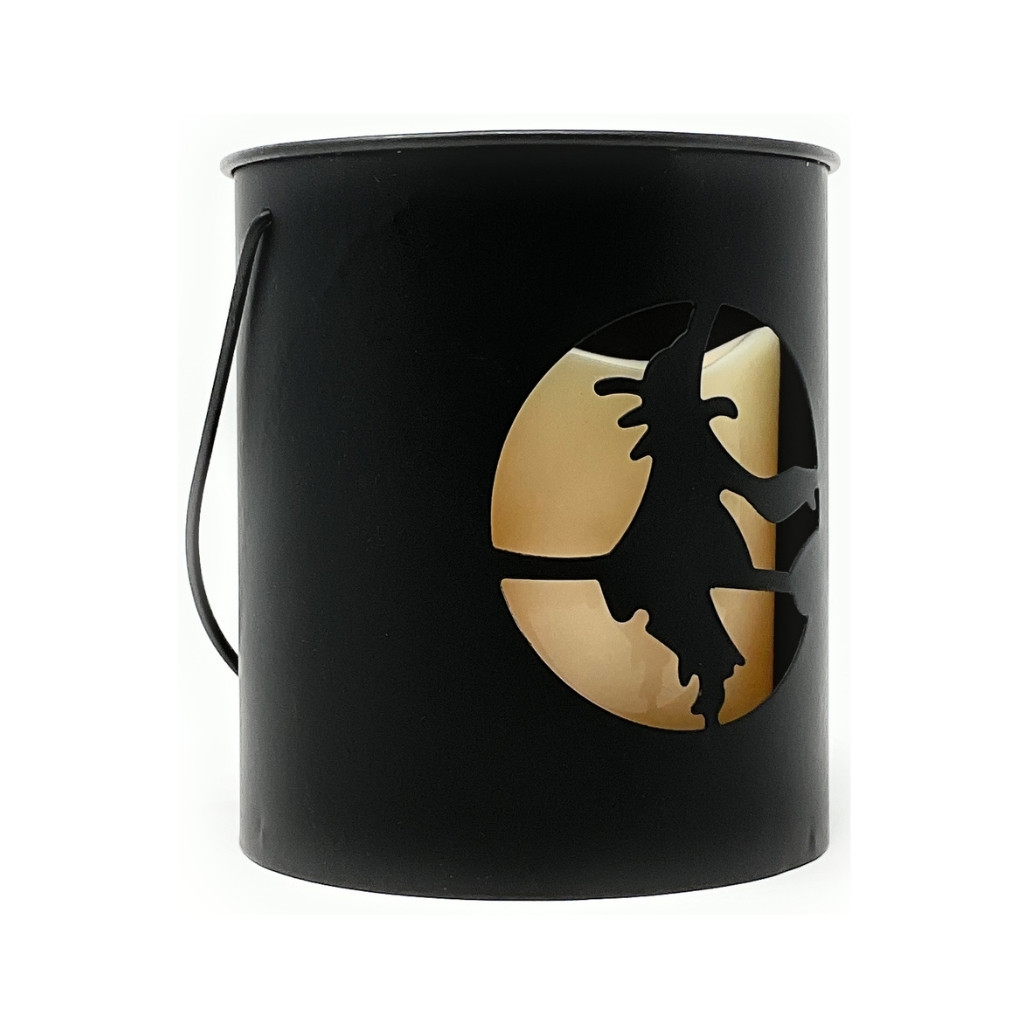 Witch Silhouette LED Candle Metal Bucket