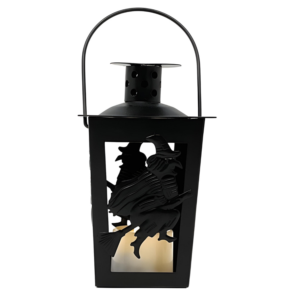 Witch Silhouette Metal Lantern With Timer Tea Light