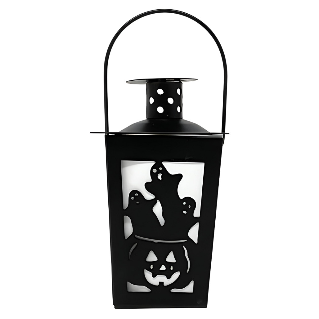 Pumpkin And Ghosts Silhouette Metal Lantern With Timer Tea Light