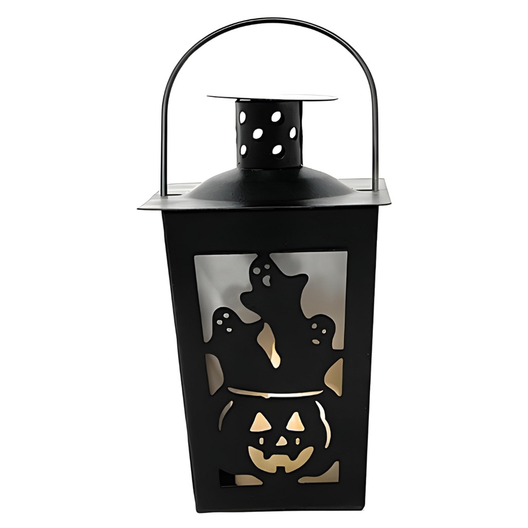 Pumpkin And Ghosts Silhouette Metal Lantern With Timer Tea Light
