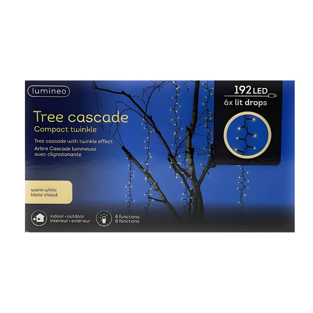 Lumineo Warm White Twinkle LED Tree Cascade - 192 Lights, 6 Drops, Black Wire