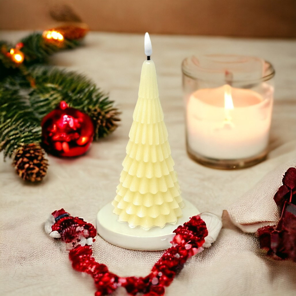 Lumineo 8" Cream Wax Tree Candle - Battery Operated, Timer