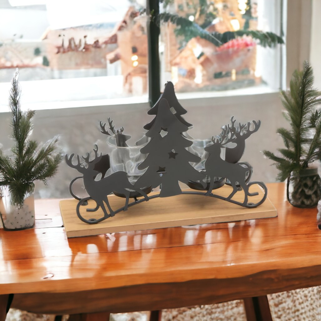 10" Wooden Sleigh Tealight Candle Holder with Glass Votives