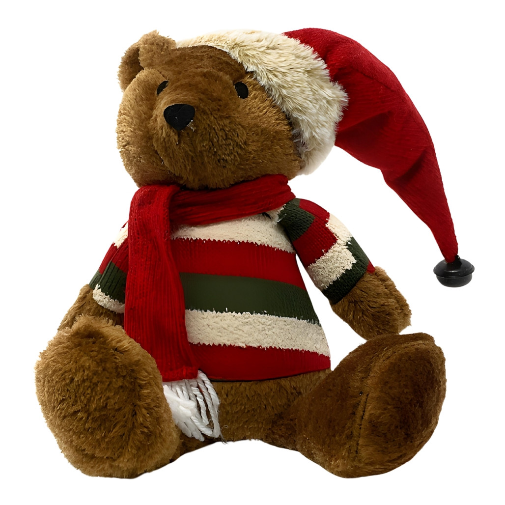 Cheerful Teddy in Striped Sweater & Santa Hat Sitter - 16in Plush Decor