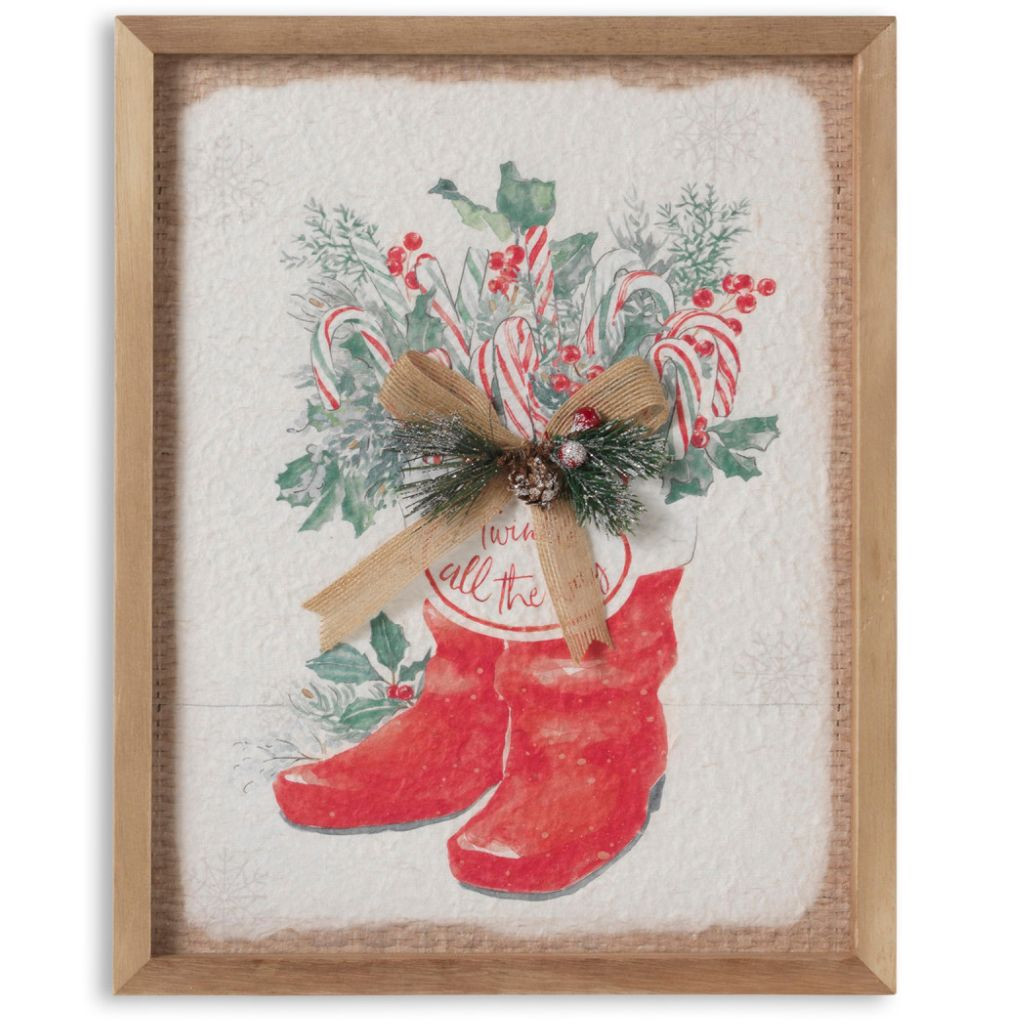 14 inch Santa Boots Wall Decor with Burlap Bow & Pine