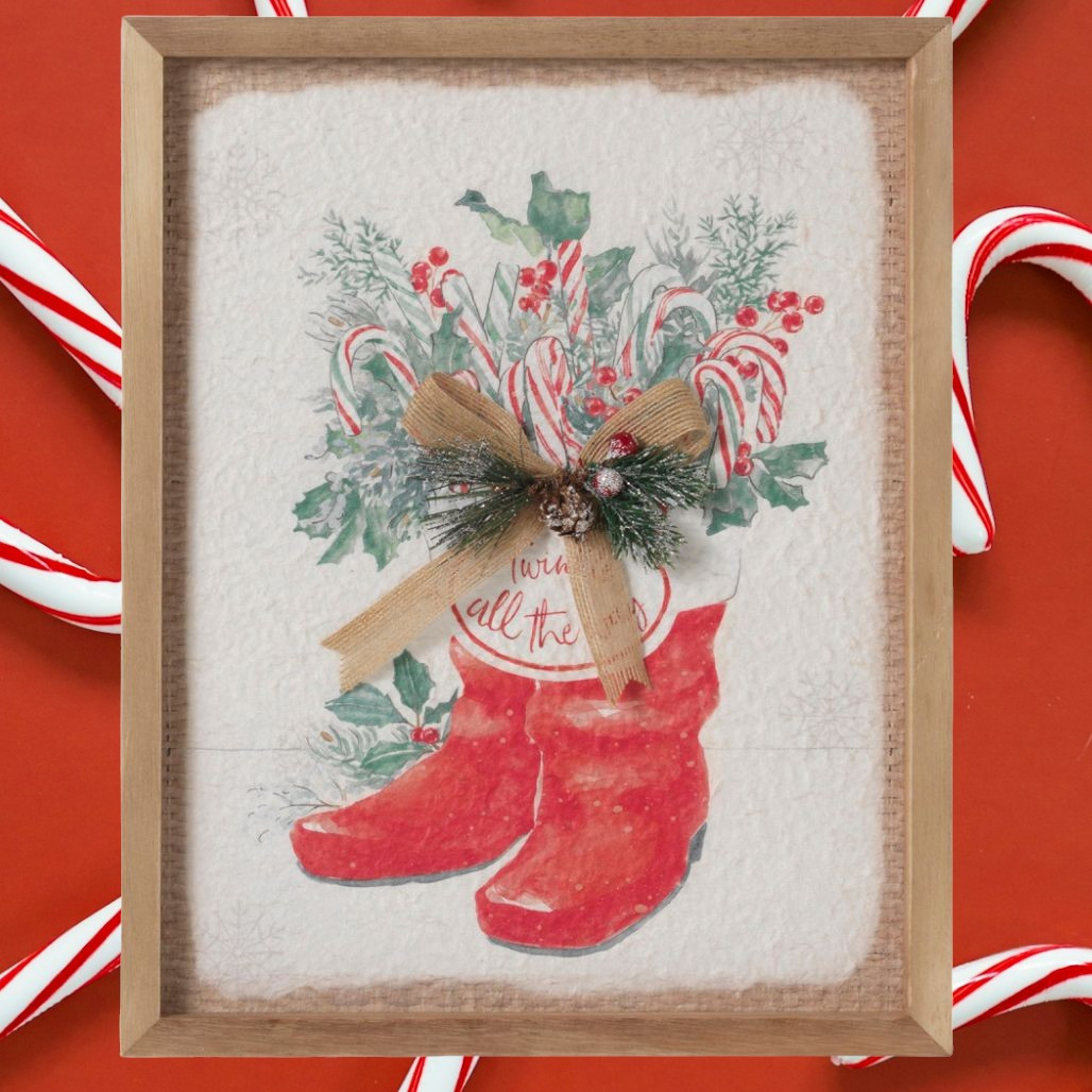14 inch Santa Boots Wall Decor with Burlap Bow & Pine