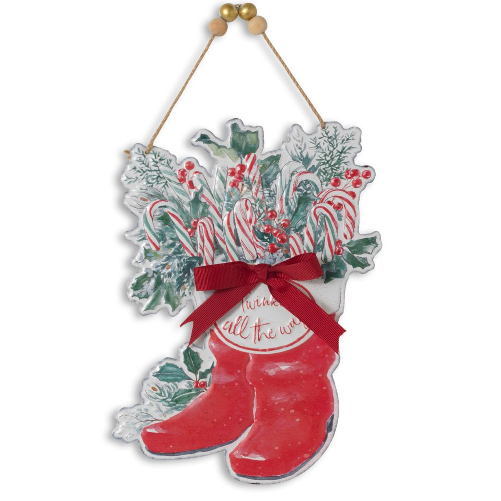 12.5 inch Metal Santa Boots Decor with Burlap Bow & Pine