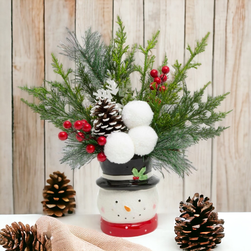 13 Inch Snowman Pine & Berry Pot Arrangement