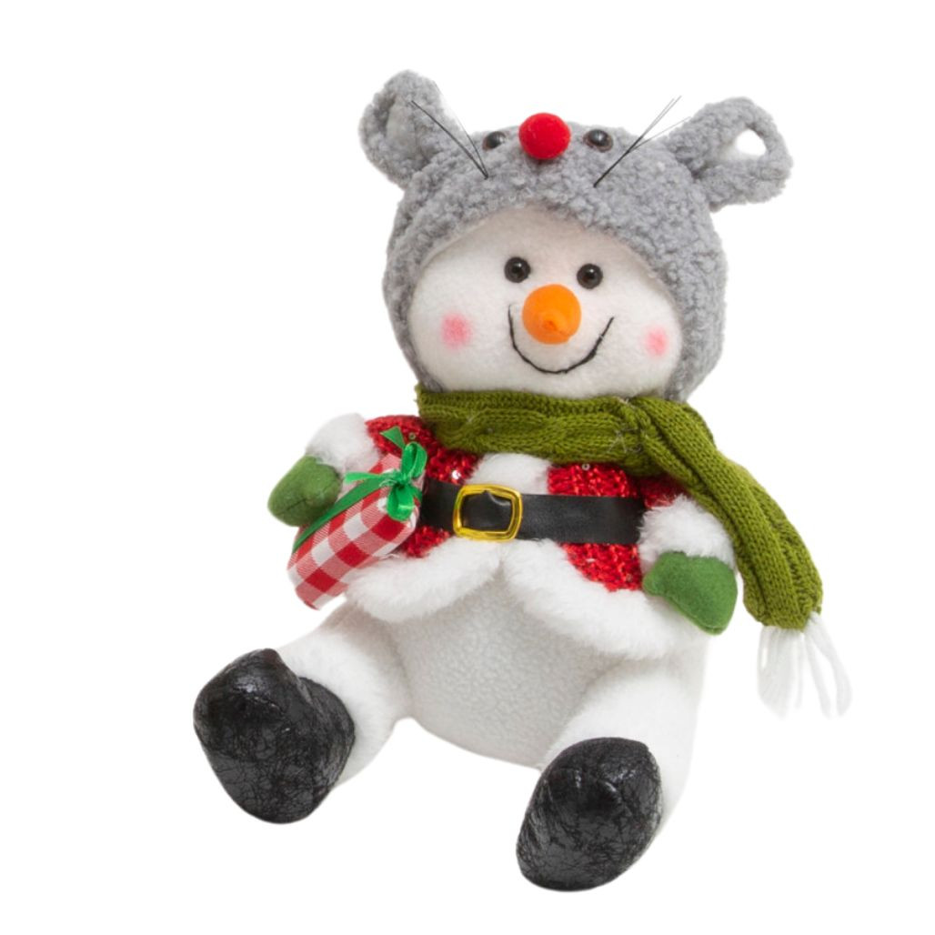 13 Inch Fab Sitting Snowman with Mouse Hat - Whimsical Winter Decor