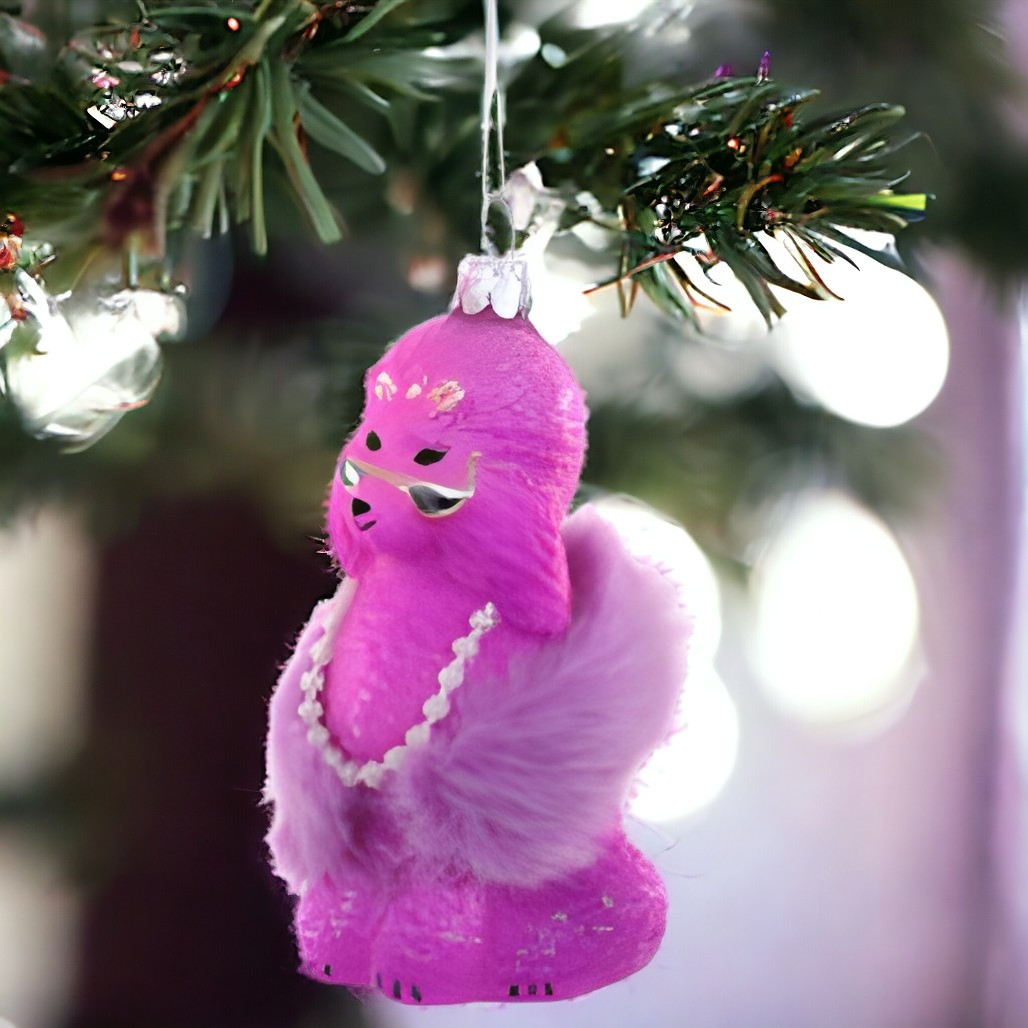 Dark Pink Glam Poodle Ornament With Fluffy Boa