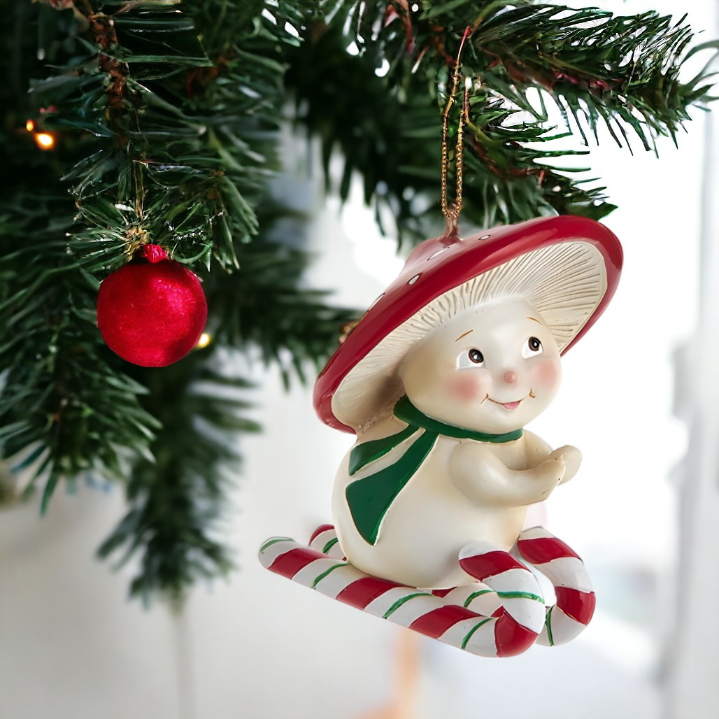 Merry Mushroom Candy Cane Sled Ornament