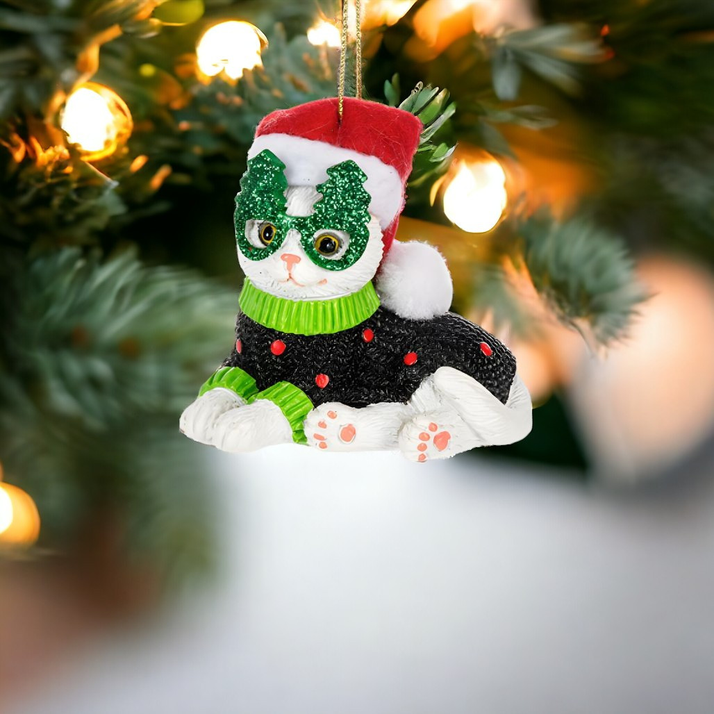 Navidad Cat with Green Tree Glasses Ornament