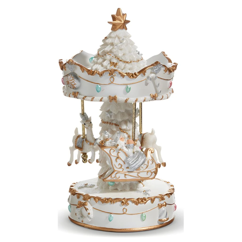 Animated White Santa Sleigh Carousel Musical