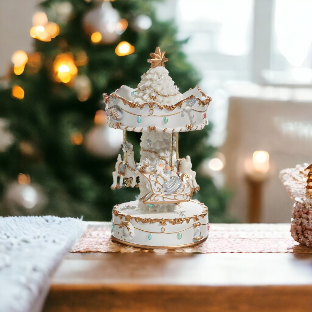 Animated White Santa Sleigh Carousel Musical