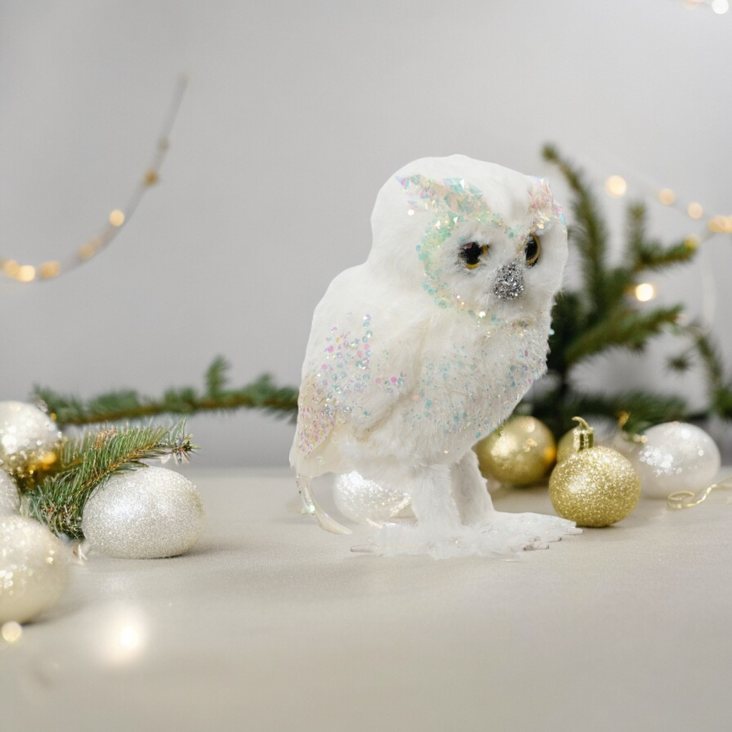 Glittered White Owl Ornament