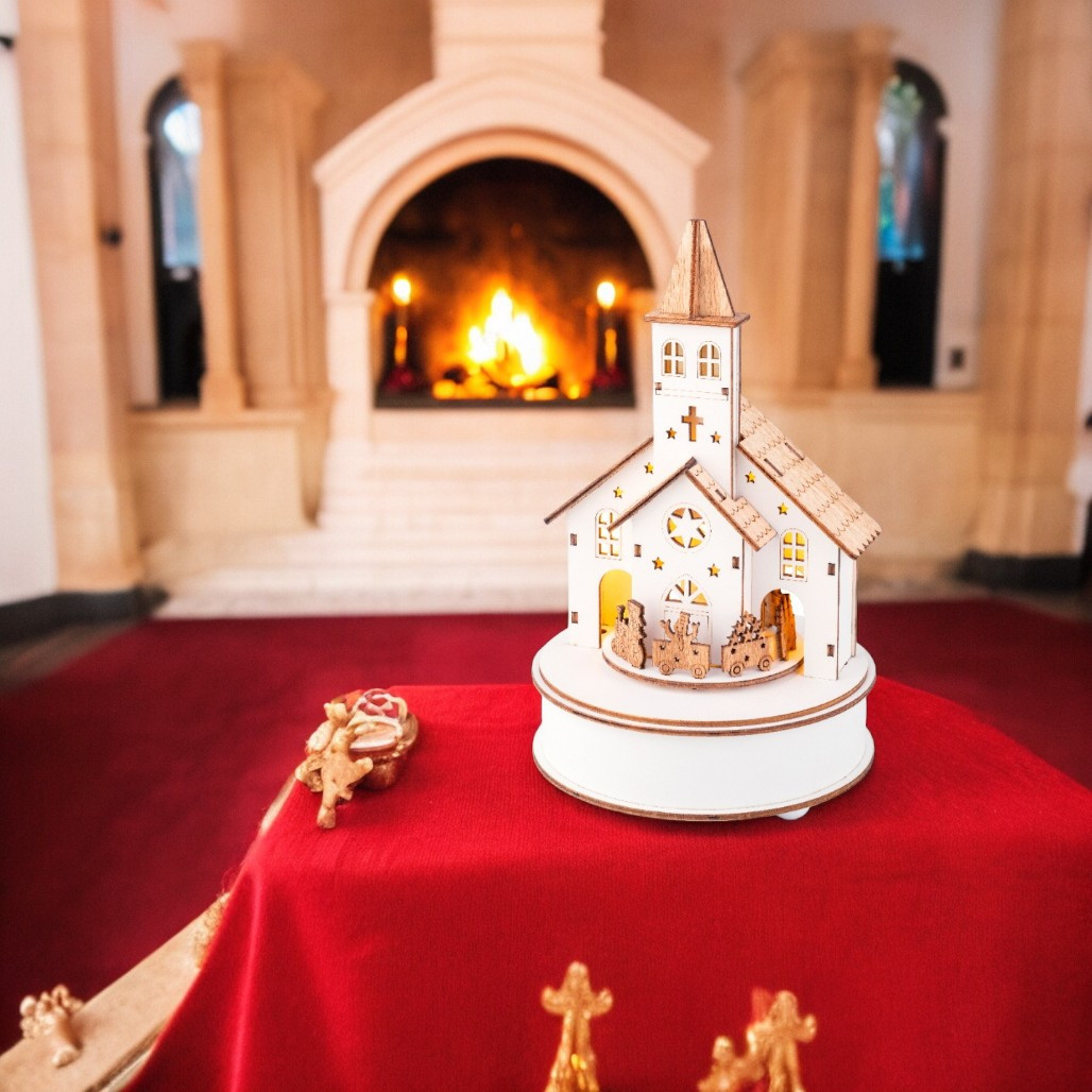 LED Wood Church With Train Scene