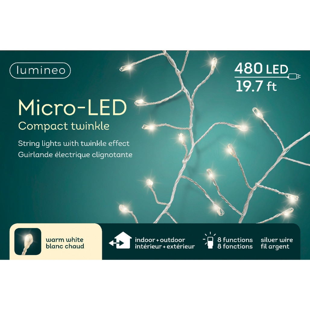 480 Micro-LED Compact Twinkle Lights Warm White on Silver Wire, 19.7 ft