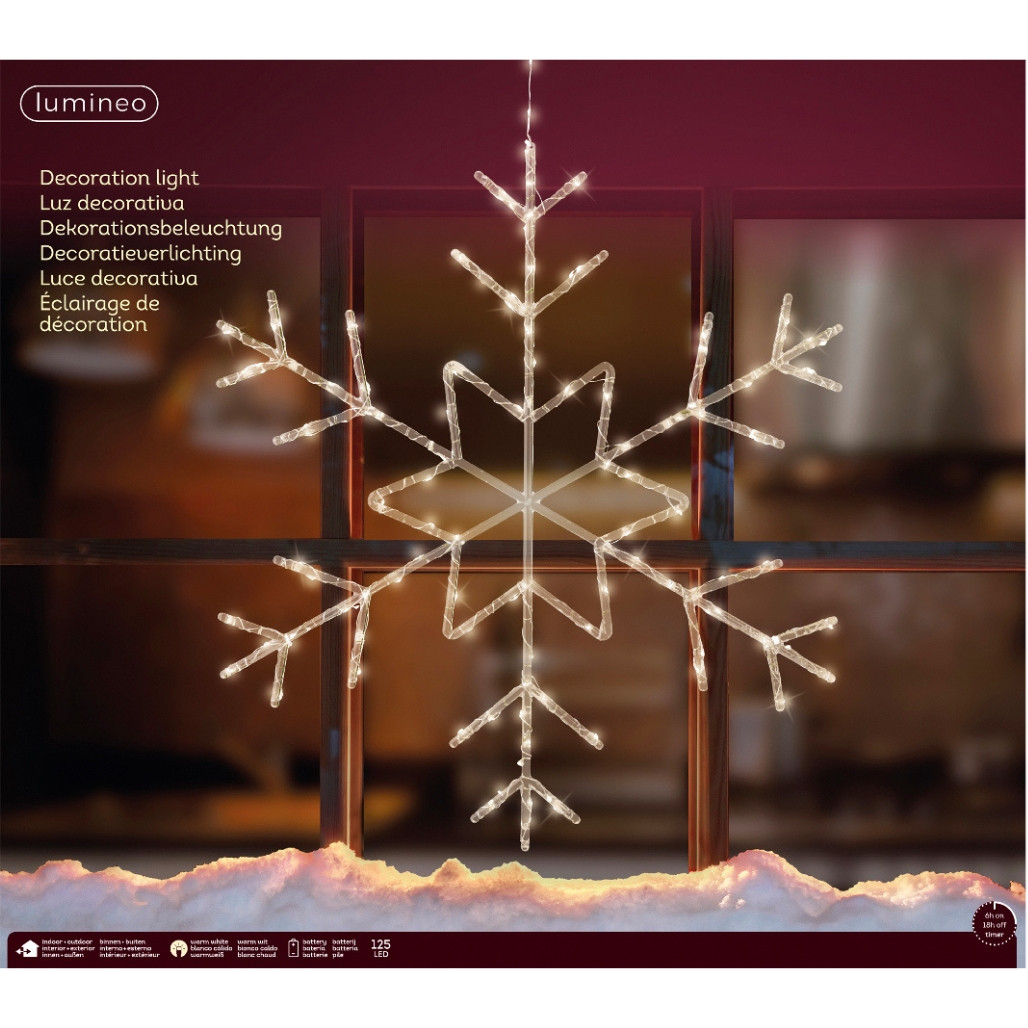 125 LED Warm White Snowflake, 23.6in Diameter, Indoor/Outdoor, Battery Operated