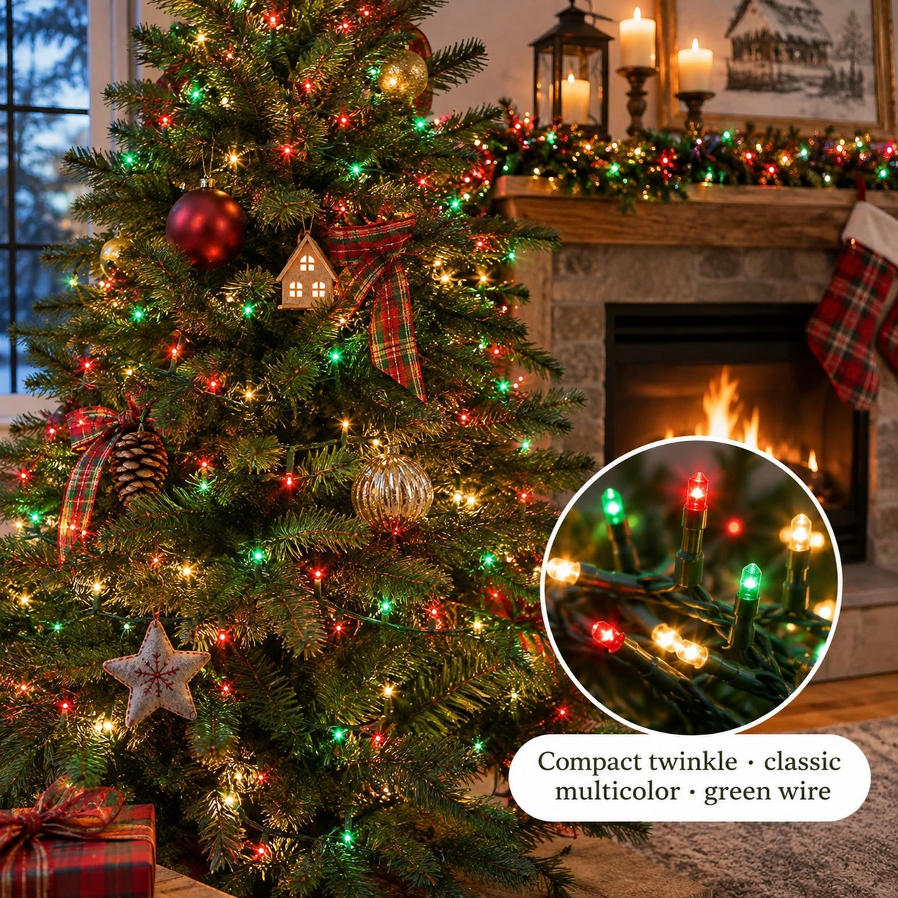 Lumineo 500 LED Classic Multi Color Compact Twinkle Lights, Green Wire, 36 ft