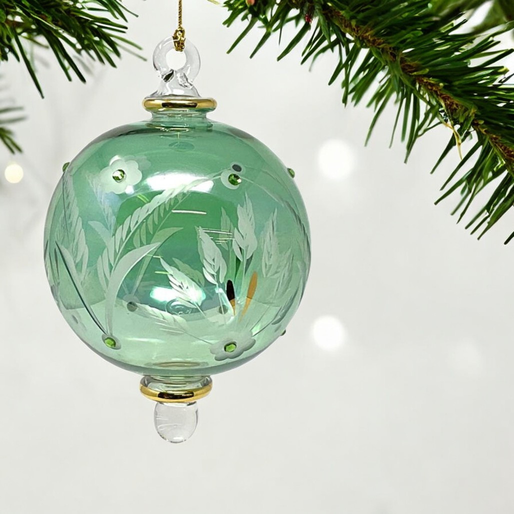 Green Etched Ball with Flowers Ornament